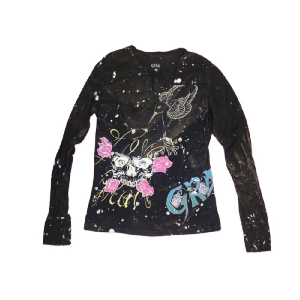Bleach Dye Art Long Sleeve Skull Graphic Tee ‼️